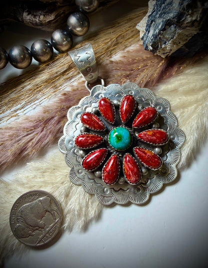 Peruvian Red Spiny and Sonoran Turquoise Pendant by Kee Johnson
