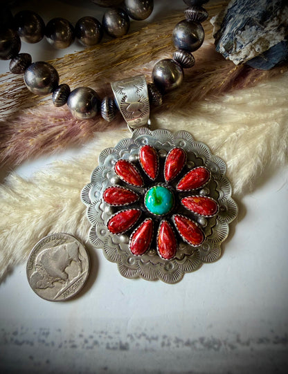 Peruvian Red Spiny and Sonoran Turquoise Pendant by Kee Johnson