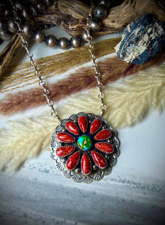 Peruvian Red Spiny and Sonoran Turquoise Pendant Necklace by Kee Johnson