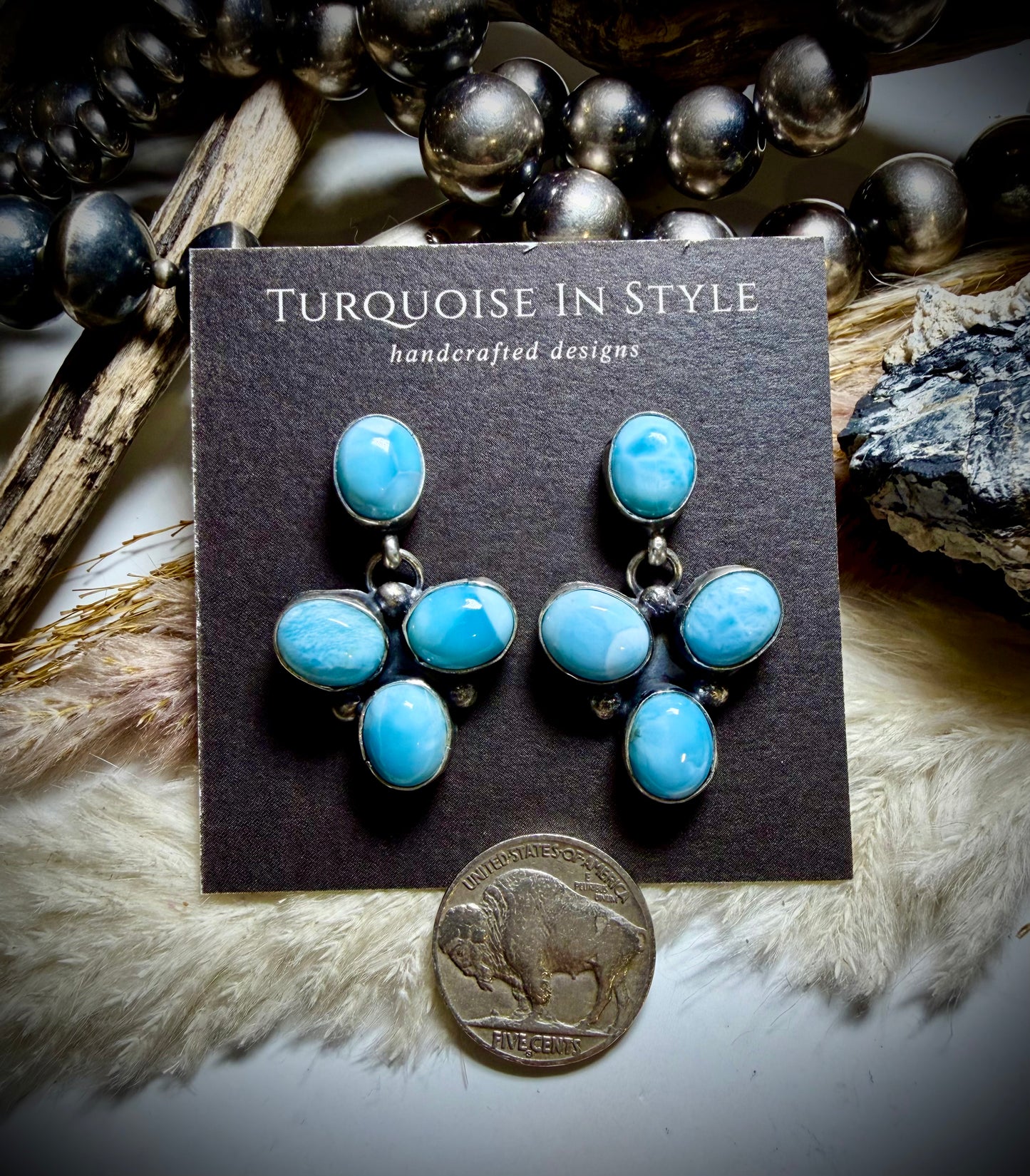 Larimar Four Stone Stud Dangle Earrings