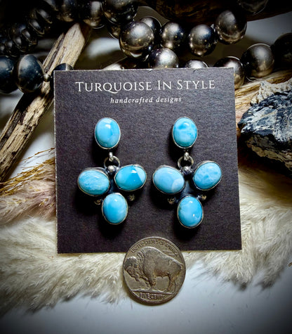 Larimar Four Stone Stud Dangle Earrings