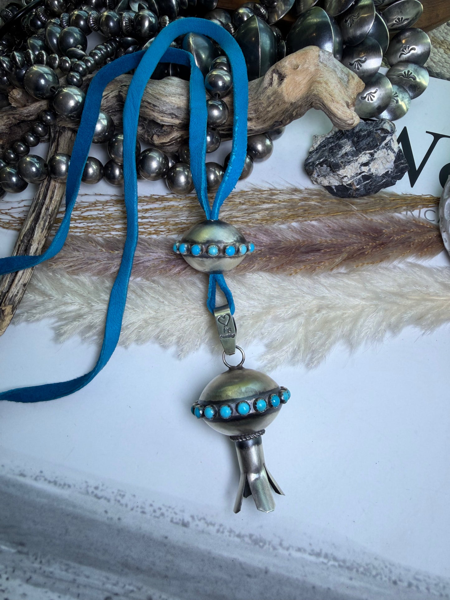 Monica Smith Turquoise Blossom and Saucer Bead with Turquoise on Blue Leather