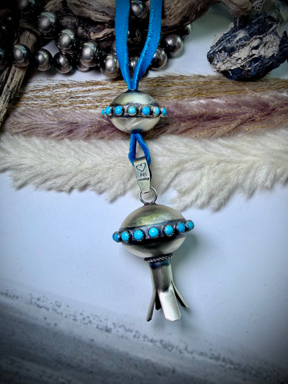 Monica Smith Turquoise Blossom and Saucer Bead with Turquoise on Blue Leather