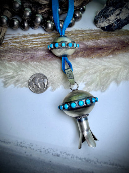 Monica Smith Turquoise Blossom and Saucer Bead with Turquoise on Blue Leather