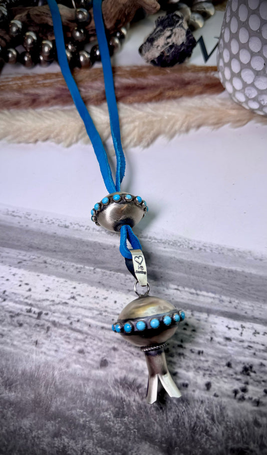 Monica Smith Turquoise Blossom and Saucer Bead with Turquoise on Blue Leather