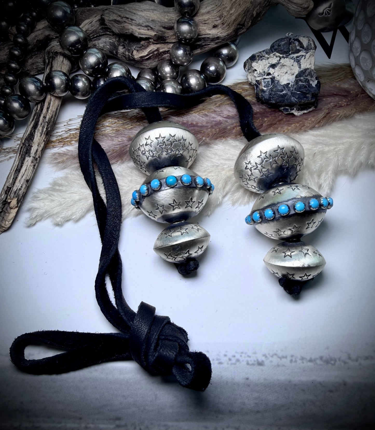 Six Monica Smith Saucers with Stars and Turquoise on Black Leather