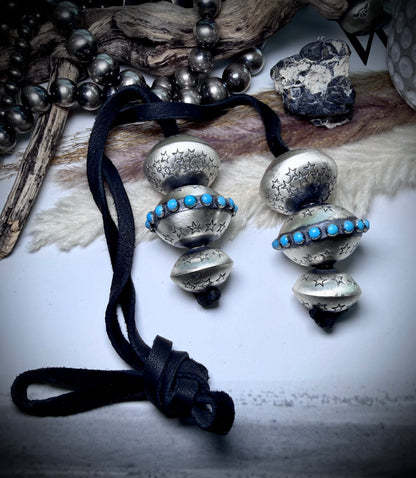 Six Monica Smith Saucers with Stars and Turquoise on Black Leather