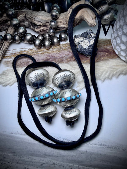 Six Monica Smith Saucers with Stars and Turquoise on Black Leather