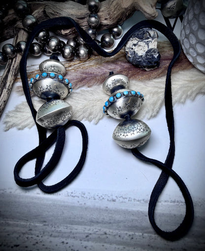 Six Monica Smith Saucers with Stars and Turquoise on Black Leather
