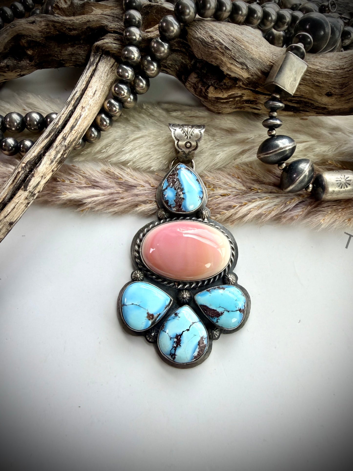 Golden Hills and Pink Conch Pendant by Ned Nez
