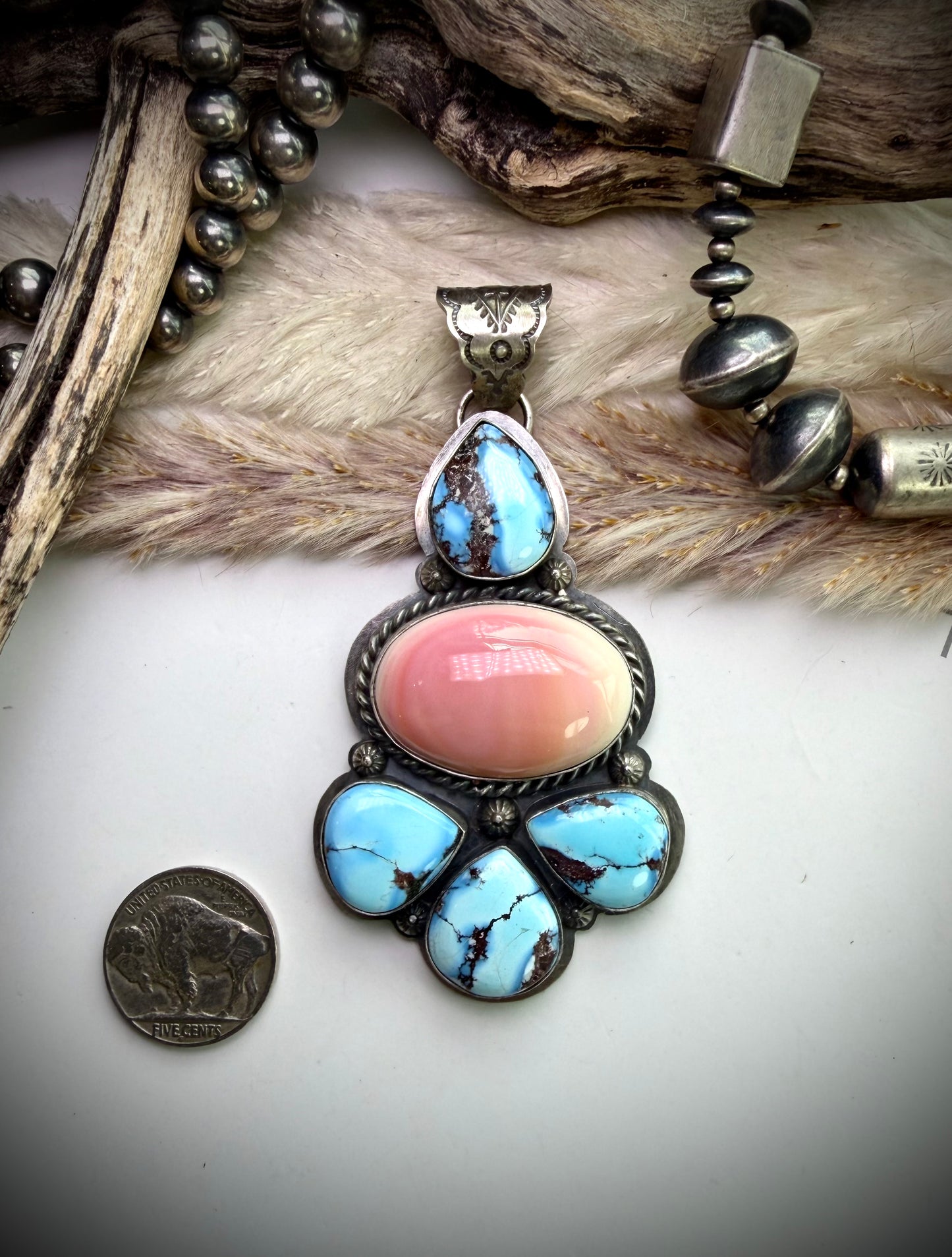 Golden Hills and Pink Conch Pendant by Ned Nez
