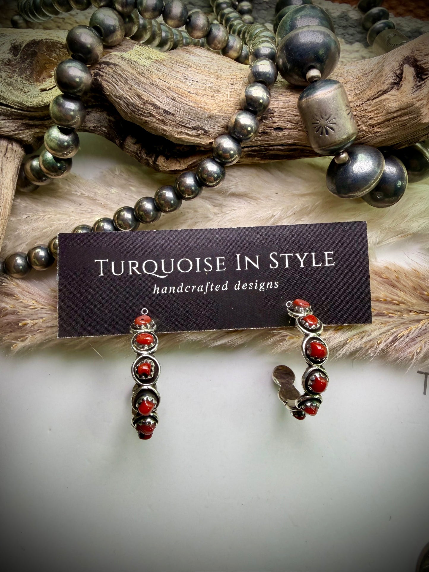 Zuni Snake Eye Hoops- Red Coral