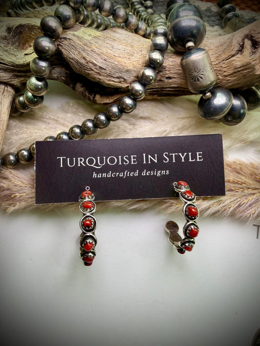 Zuni Snake Eye Hoops- Red Coral