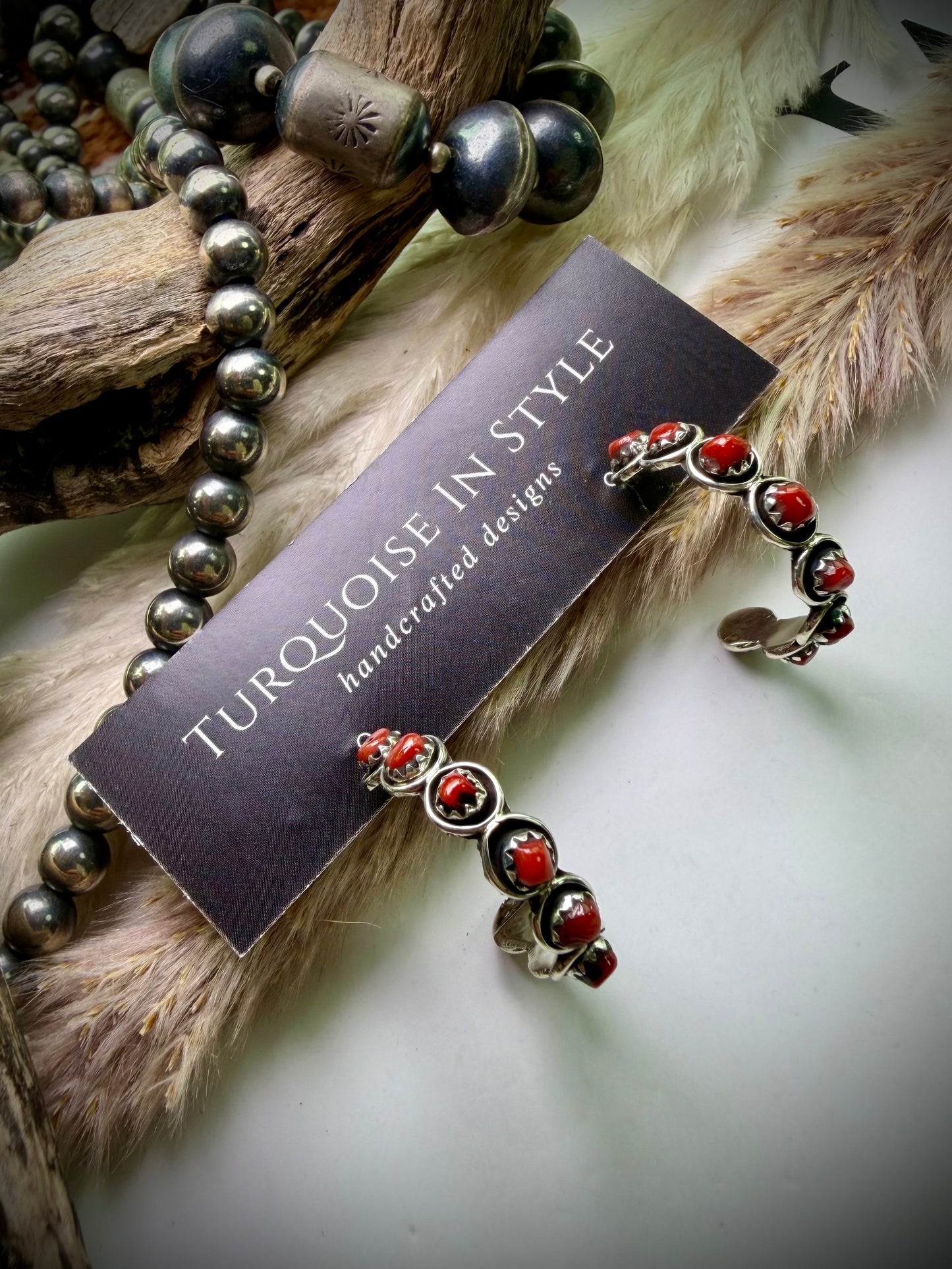 Zuni Snake Eye Hoops- Red Coral
