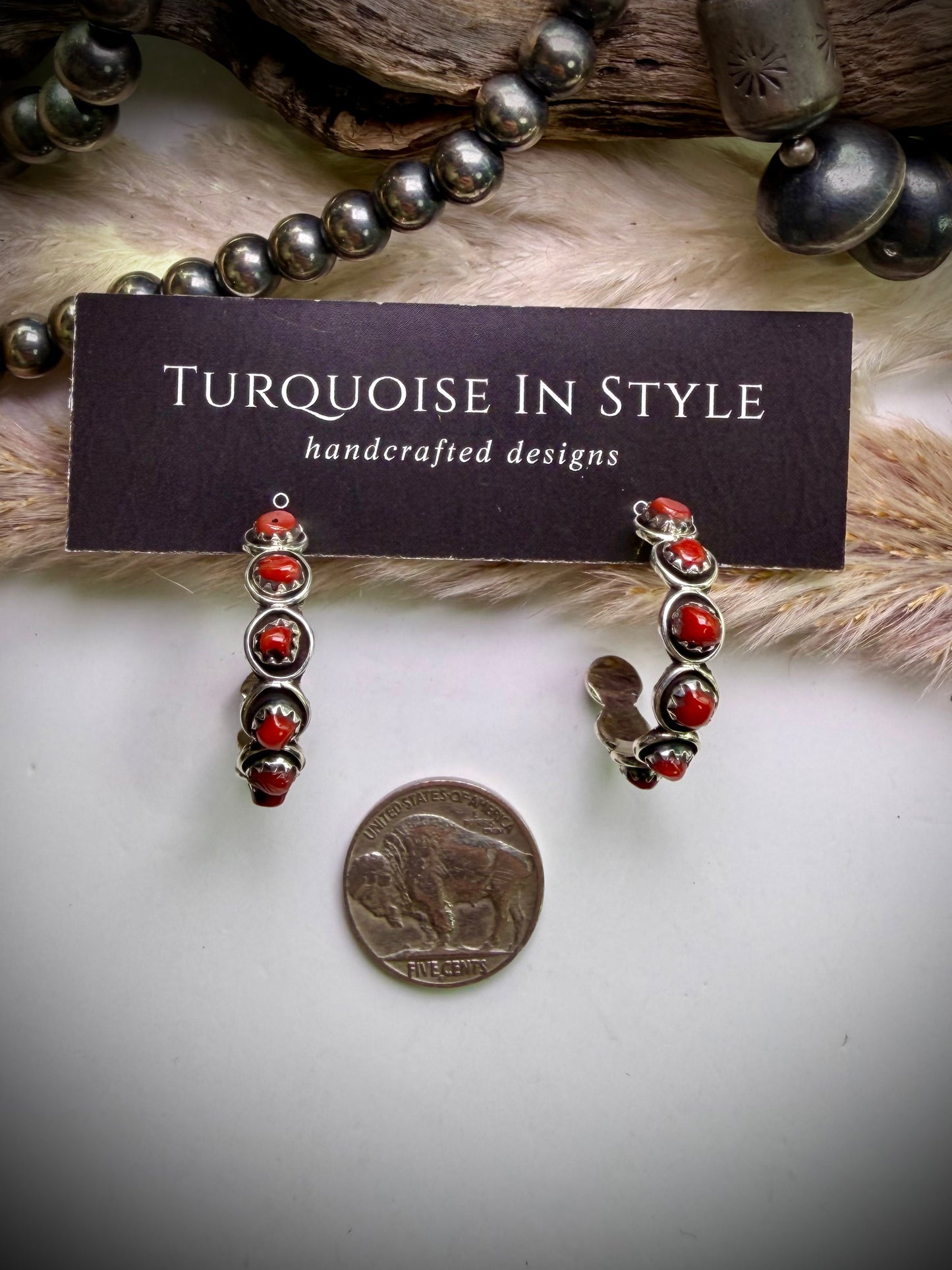 Zuni Snake Eye Hoops- Red Coral