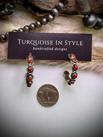 Zuni Snake Eye Hoops- Red Coral