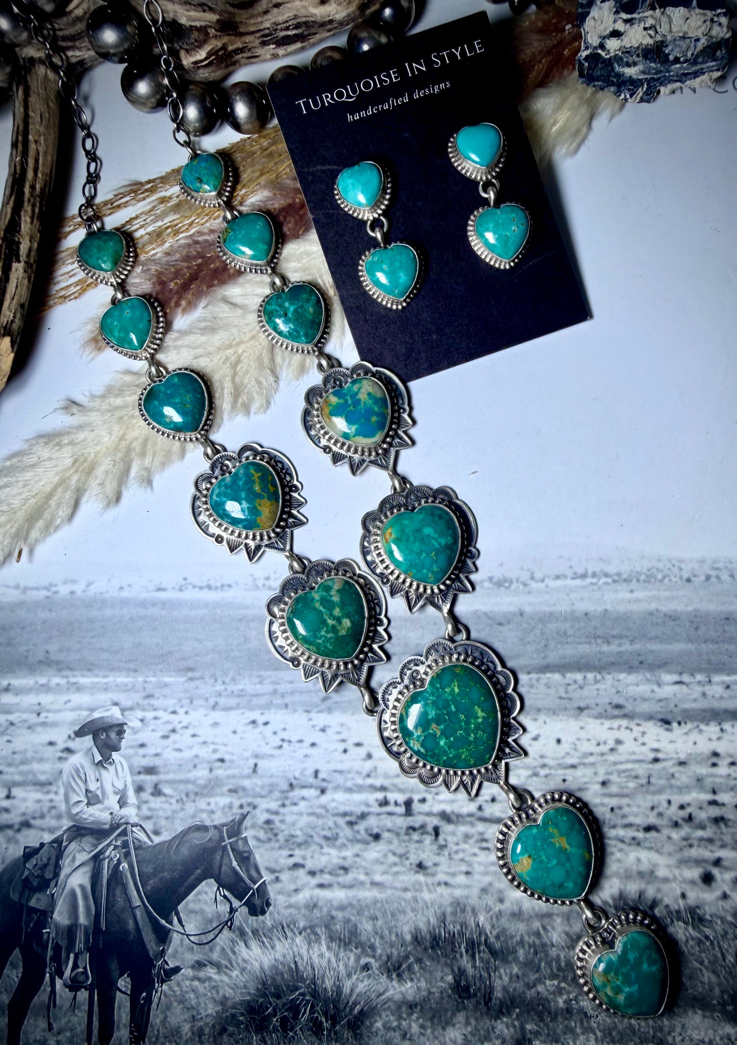 Green Heart Lariat Necklace & Earring Set