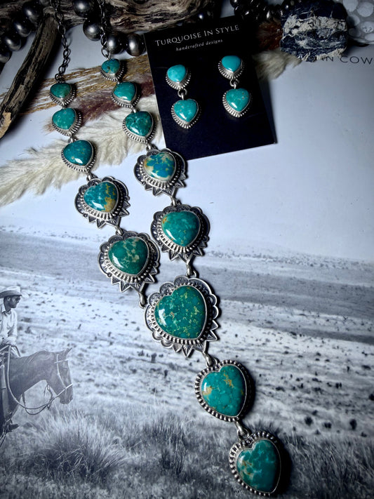 Green Heart Lariat Necklace & Earring Set