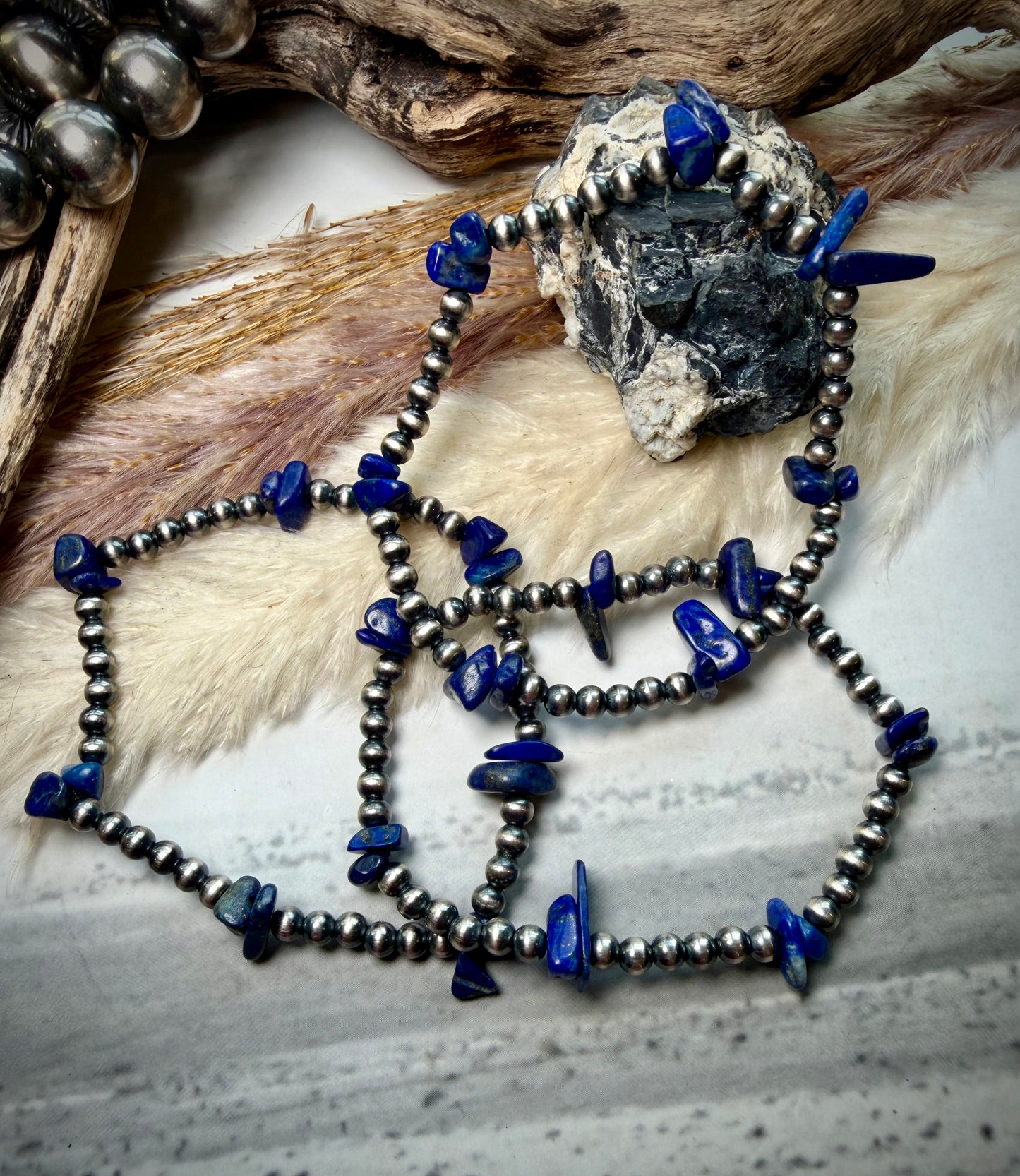 4 mm Sterling Pearls & Lapis Stretch Bracelet