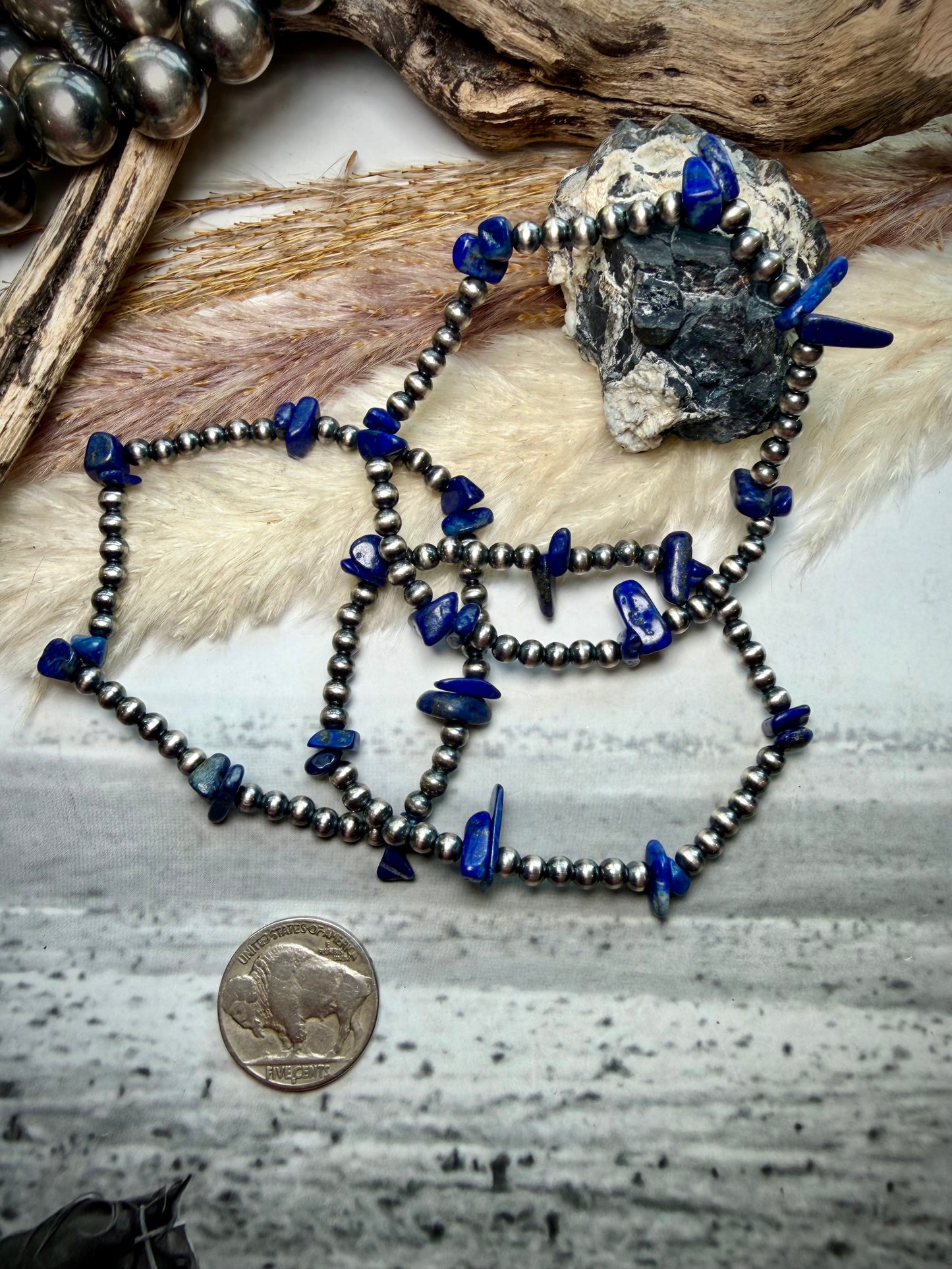 4 mm Sterling Pearls & Lapis Stretch Bracelet