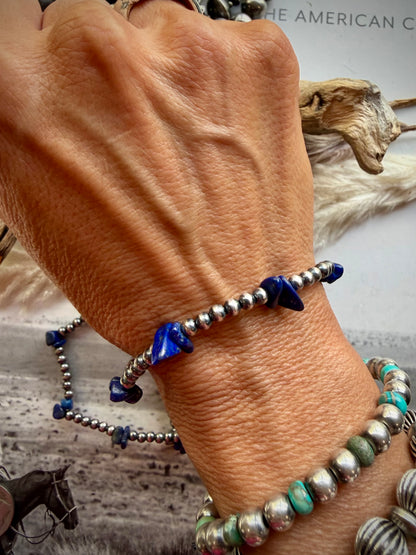 4 mm Sterling Pearls & Lapis Stretch Bracelet