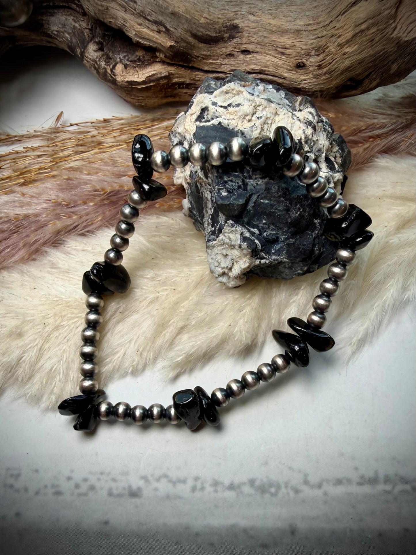 4 mm Sterling Pearls & Black Onyx Stretch Bracelet