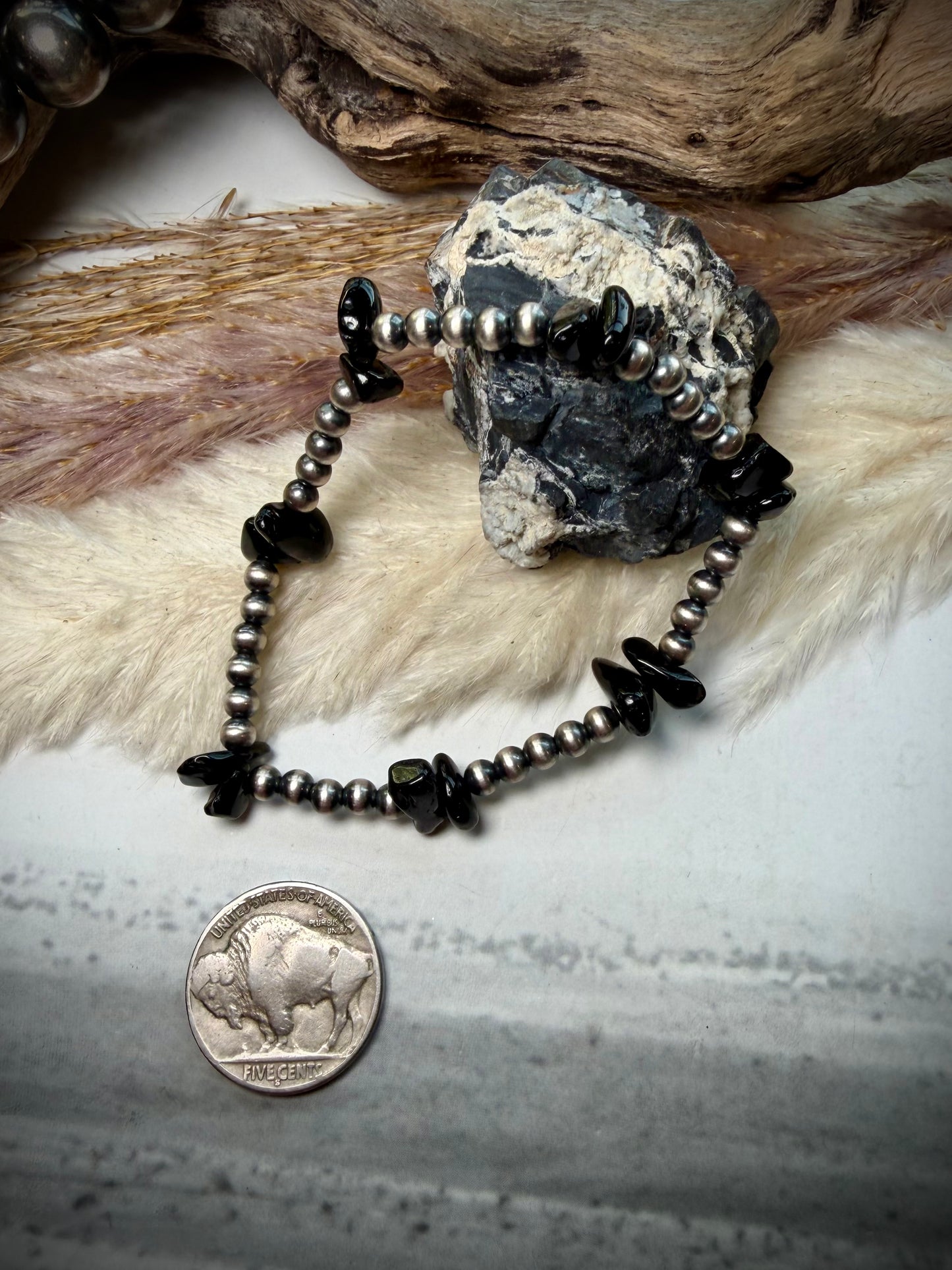 4 mm Sterling Pearls & Black Onyx Stretch Bracelet