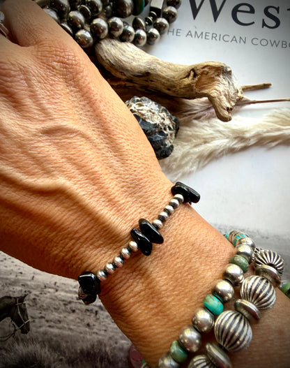 4 mm Sterling Pearls & Black Onyx Stretch Bracelet