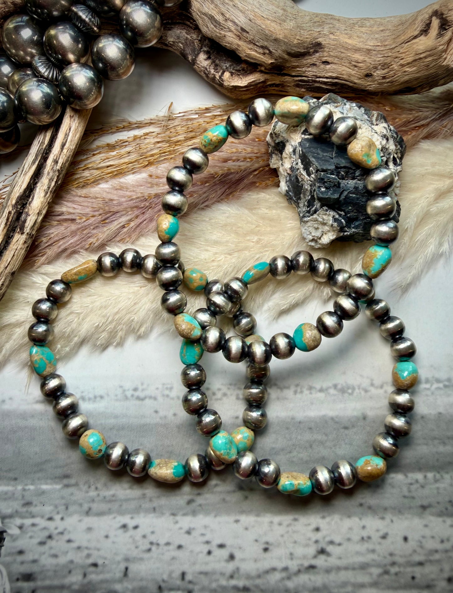 7 mm Sterling Pearls & Royston Stretch Bracelet (Ribbon/Boulder)