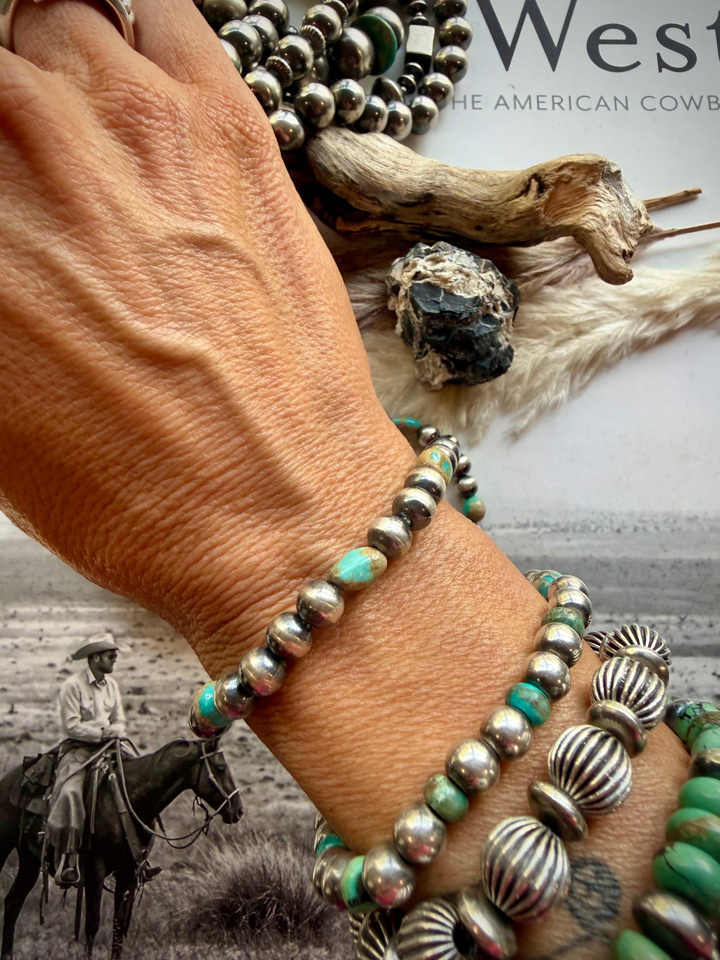 7 mm Sterling Pearls & Royston Stretch Bracelet (Ribbon/Boulder)