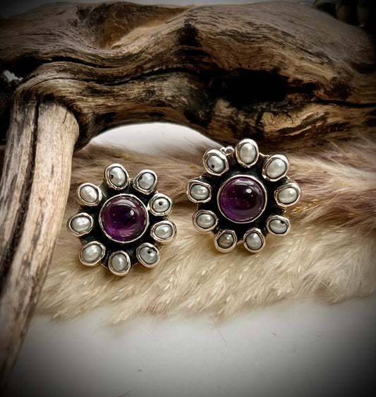 Amethyst Flowers with Pearl Earrings