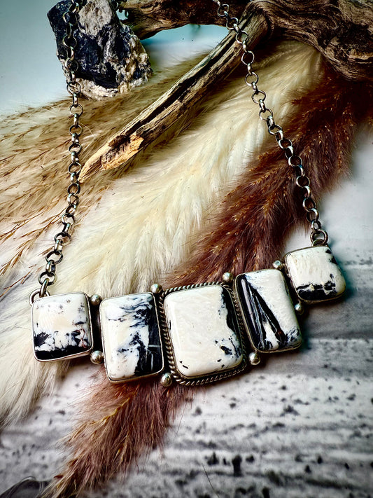 Patrick Yazzie White Buffalo 5-Stone Rectangle & Square Bar Necklace – 20" Chain