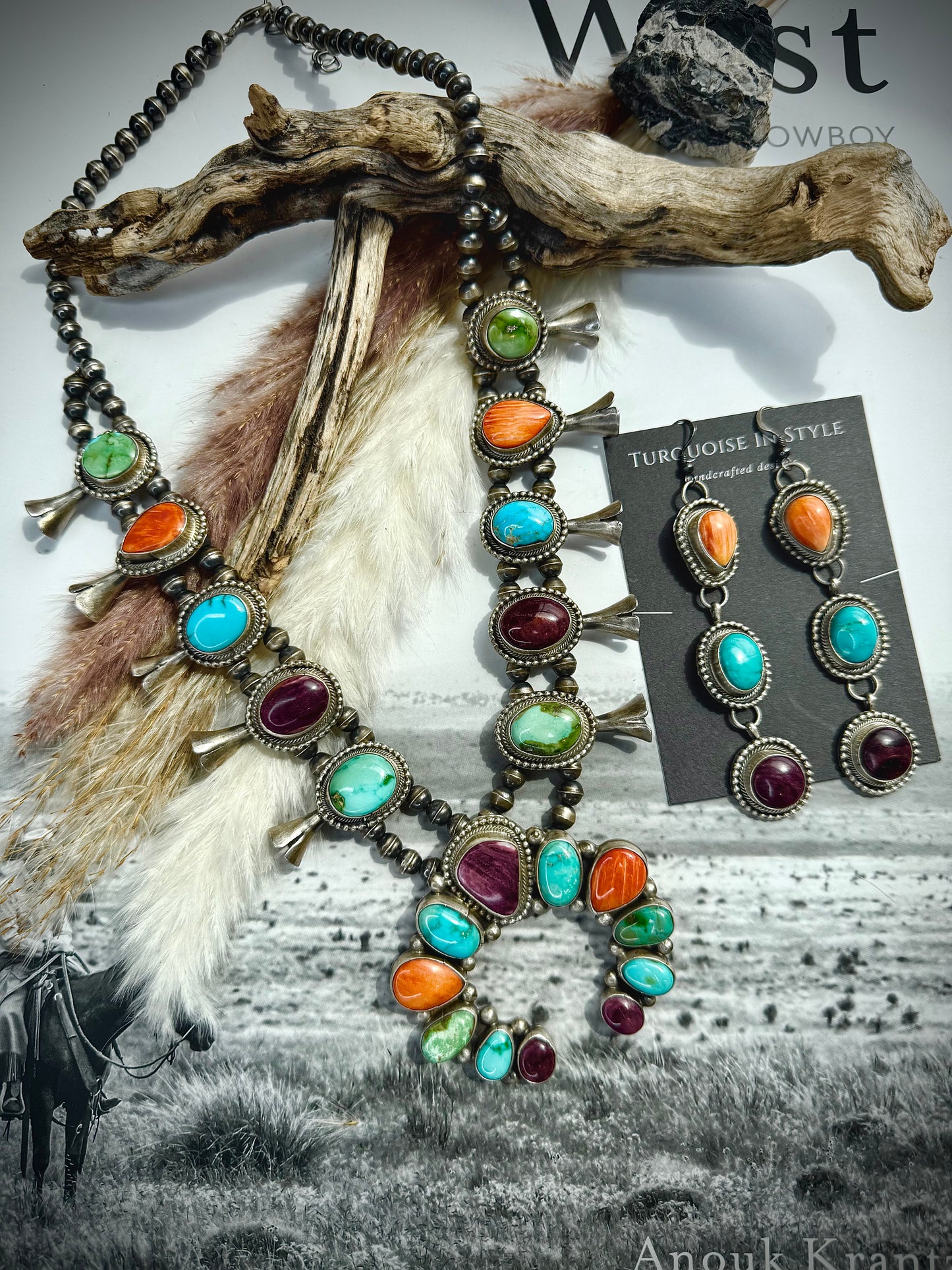 Timothy Yazzie Multi-Stone Squash Blossom Necklace & Earring Set