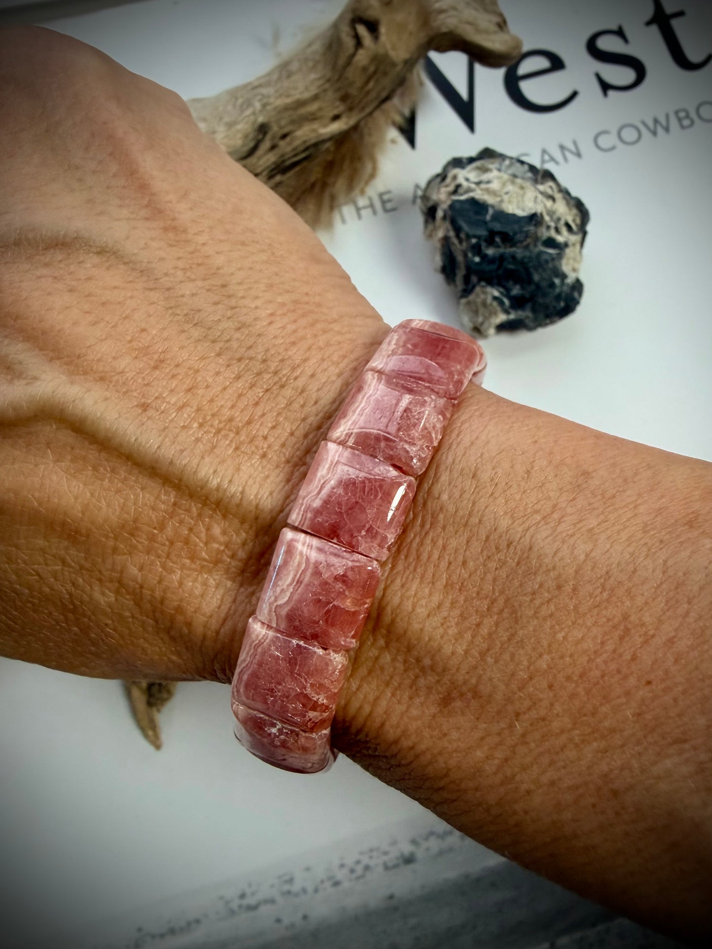 Rhodochrosite Square Stone Stretch Bracelet