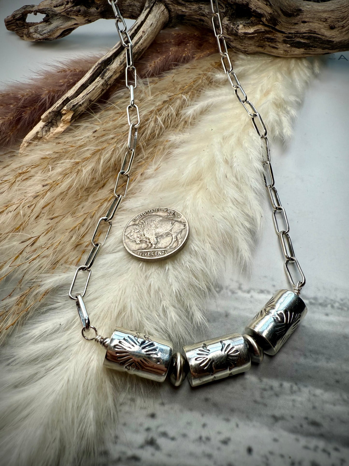 Triple Barrel Beads on Sterling Paper Clip Chain