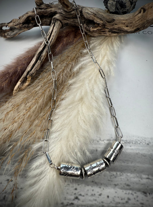 Triple Barrel Beads on Sterling Paper Clip Chain