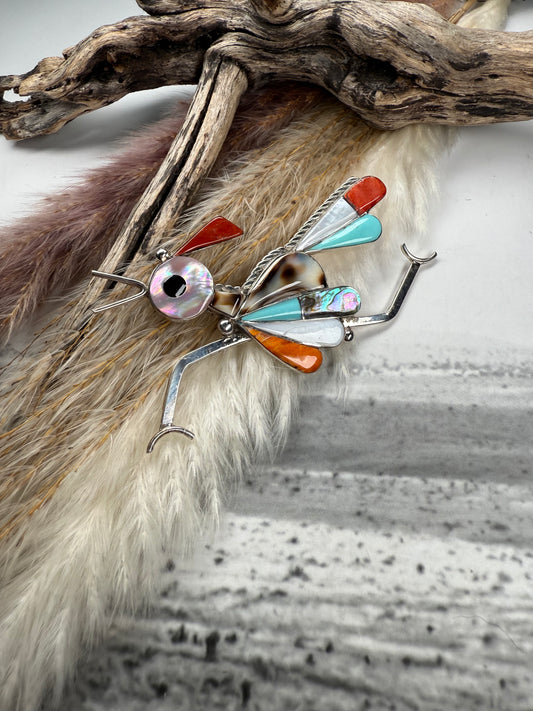 Zuni Inlay Roadrunner Pendant/Pin — Stamped K.E.