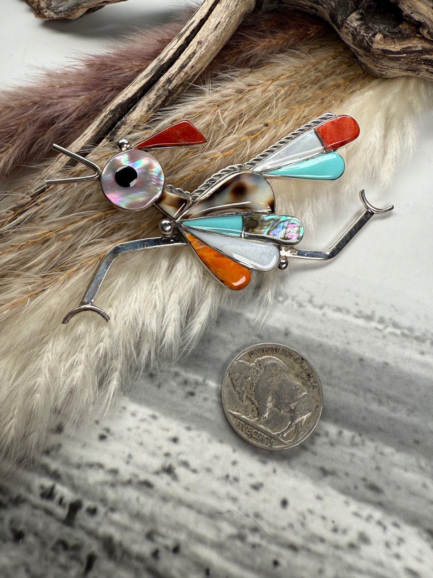 Zuni Inlay Roadrunner Pendant/Pin — Stamped K.E.