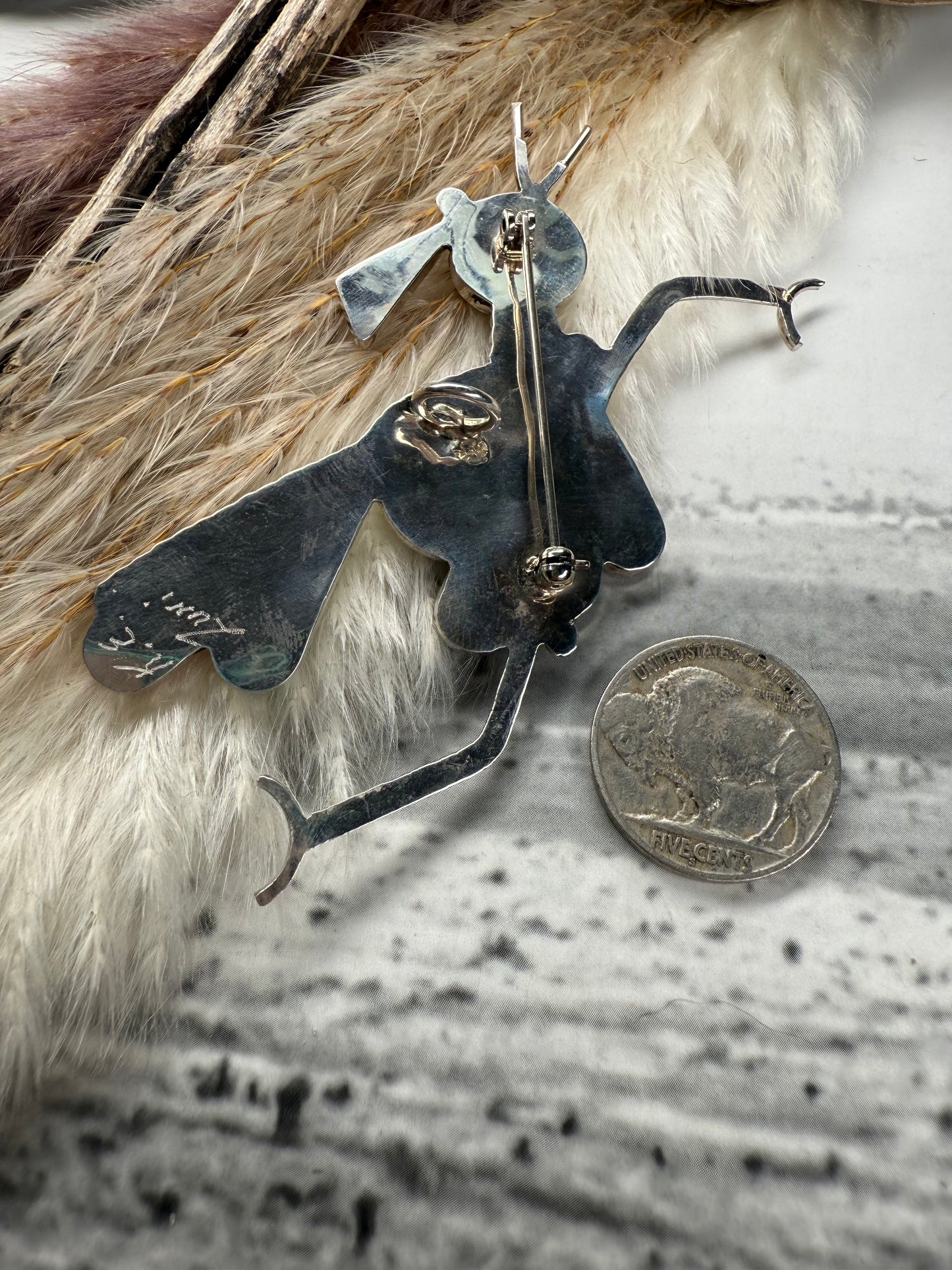 Zuni Inlay Roadrunner Pendant/Pin — Stamped K.E.