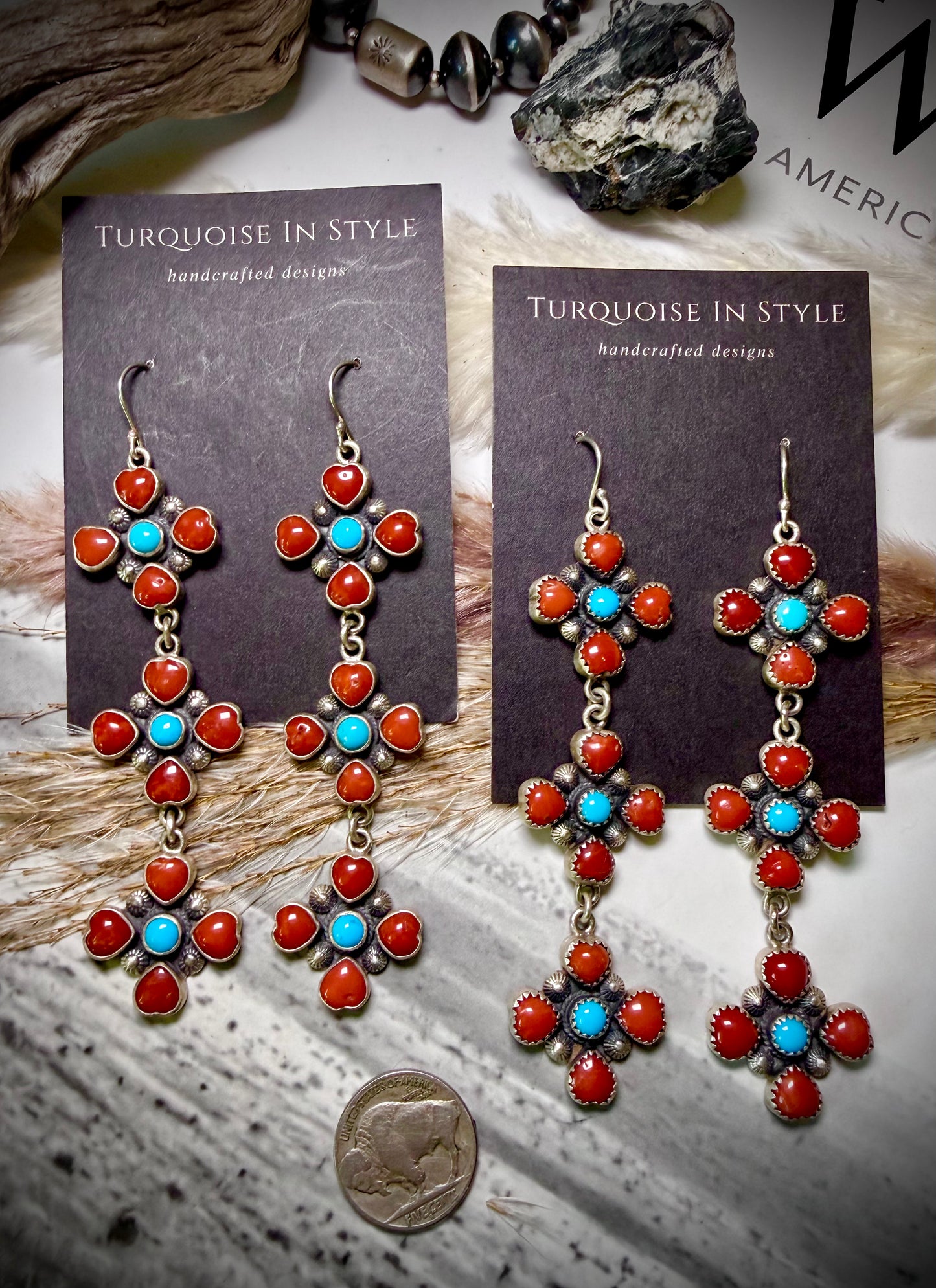 Red Coral and Sleeping Beauty Three Tier Dangles