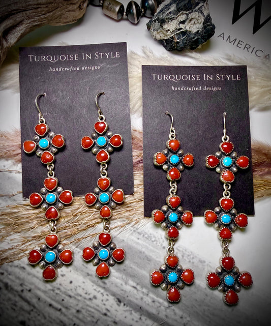 Red Coral and Sleeping Beauty Three Tier Dangles