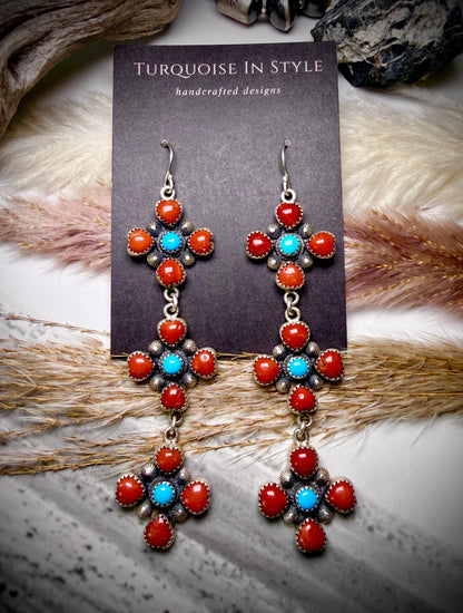Red Coral and Sleeping Beauty Three Tier Dangles