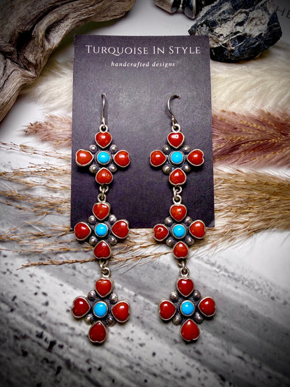 Red Coral and Sleeping Beauty Three Tier Dangles