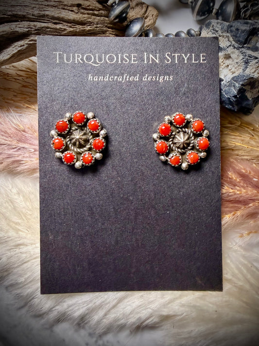Red Coral Concho Cluster Earring Fairren Begay