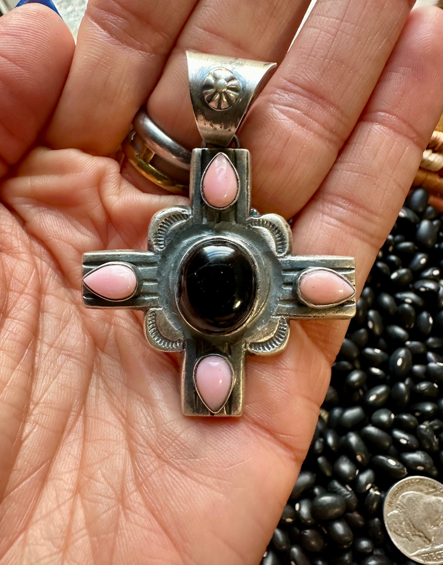 Black Onyx & Pink Conch Zia Pendant