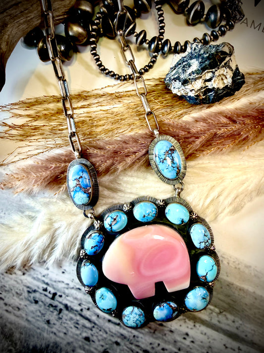 Golden Hills and Pink Conch Bear Pendant Necklace
