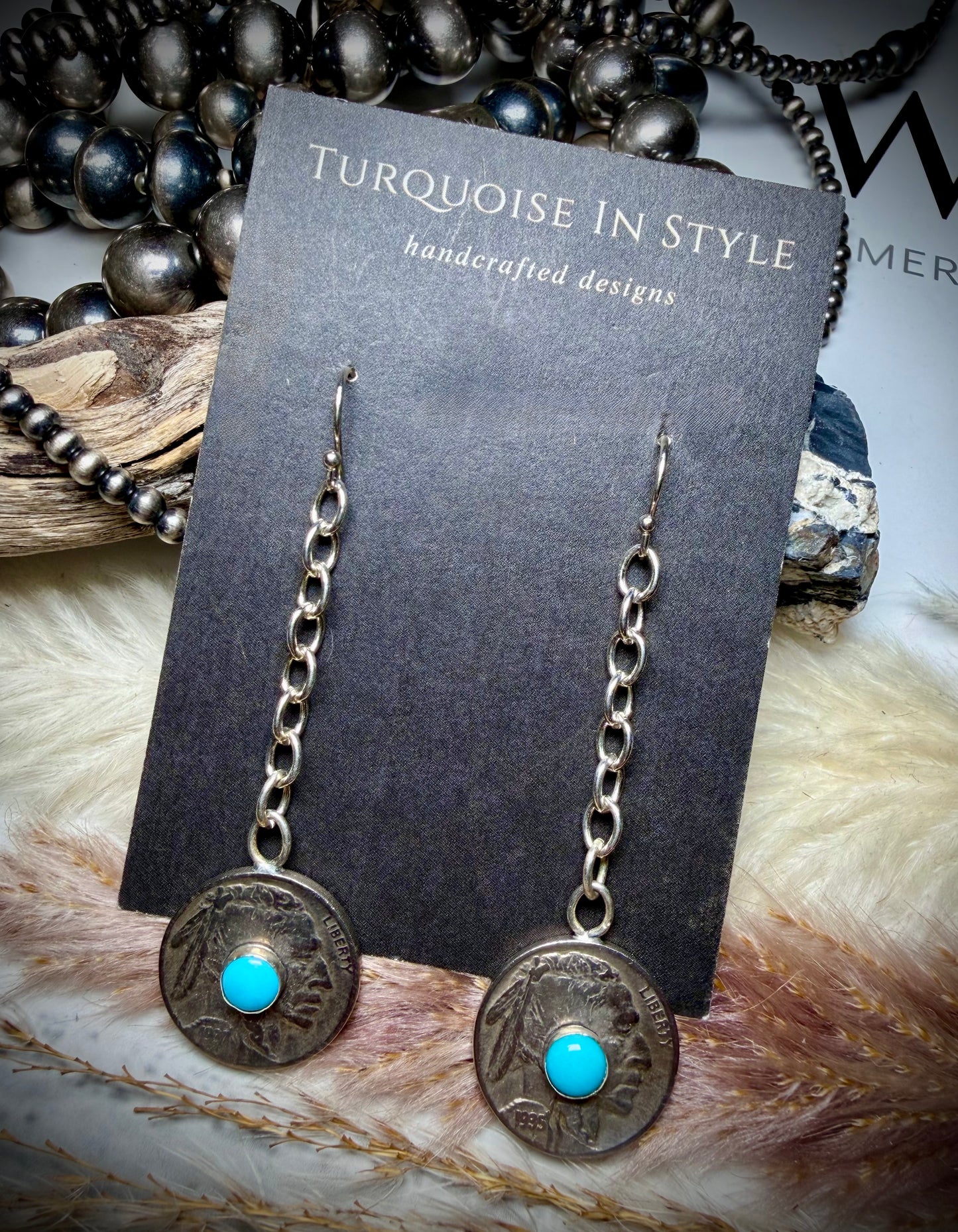 Buffalo Nickel with Turquoise on Chain Dangles