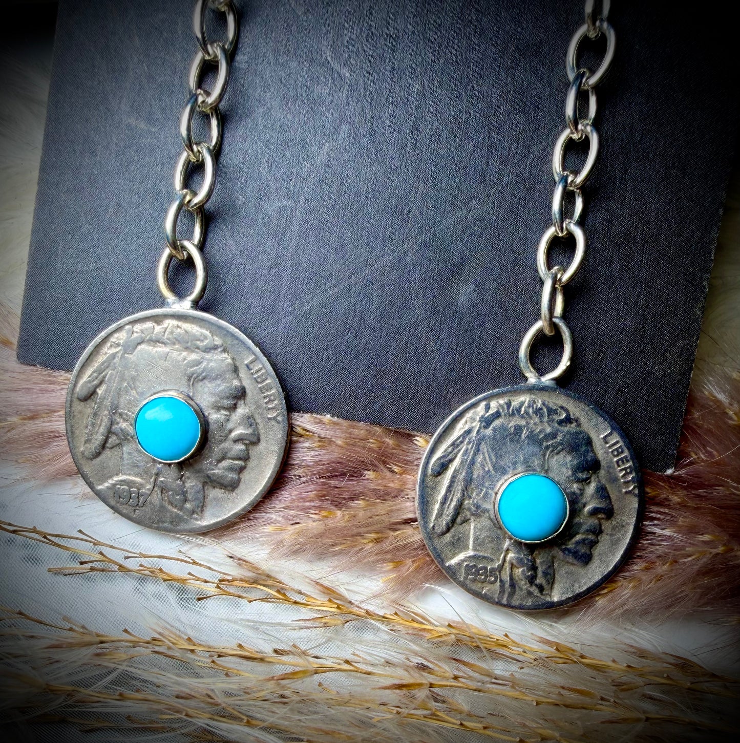 Buffalo Nickel with Turquoise on Chain Dangles