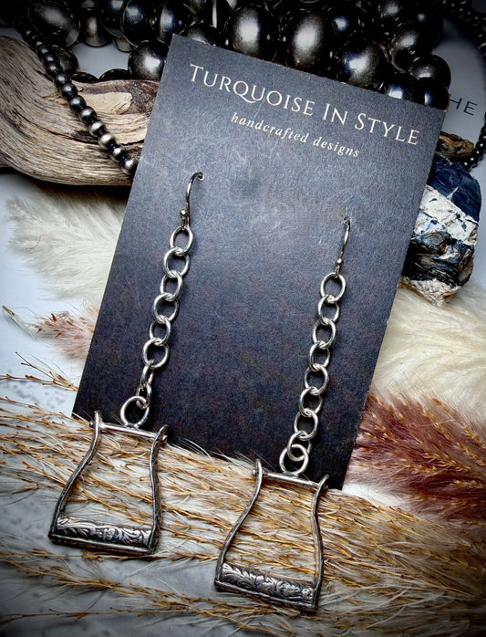Tooled Sterling Silver Stirrup Dangle Earrings