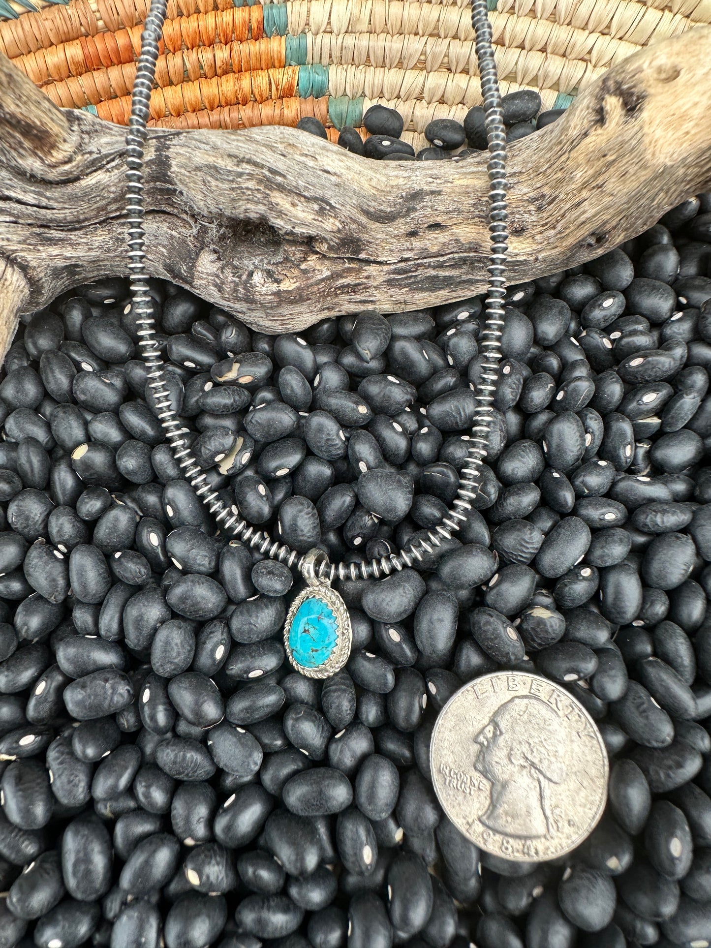 14" 3mm Saucer necklace with Turquoise nugget pendant